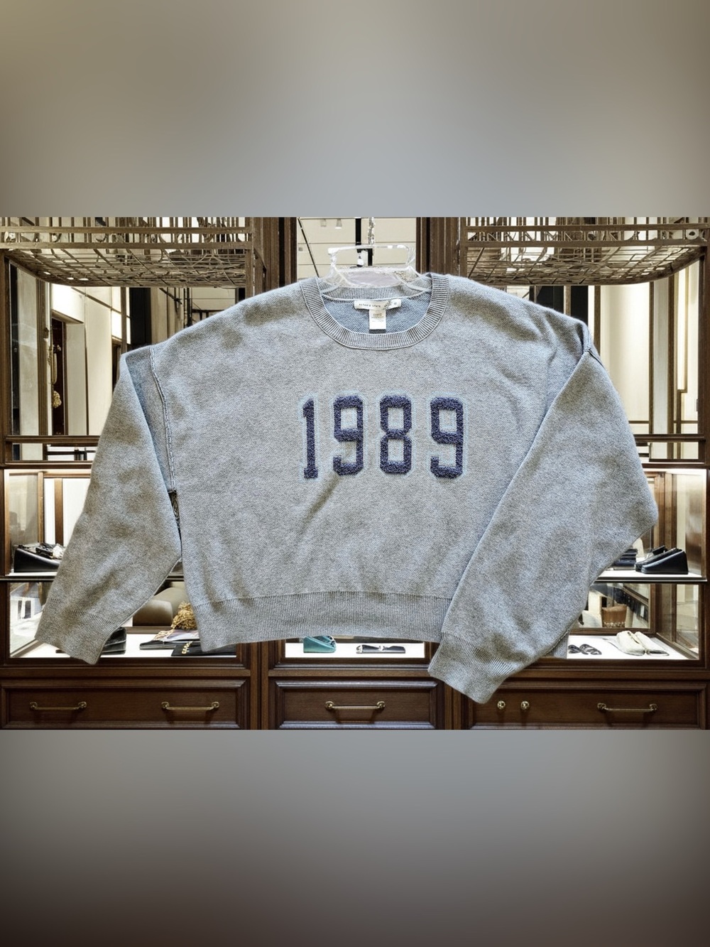 Altar’d State 1989 Cropped Sweater L/XL Gray Varsity Crewneck Soft Pullover
